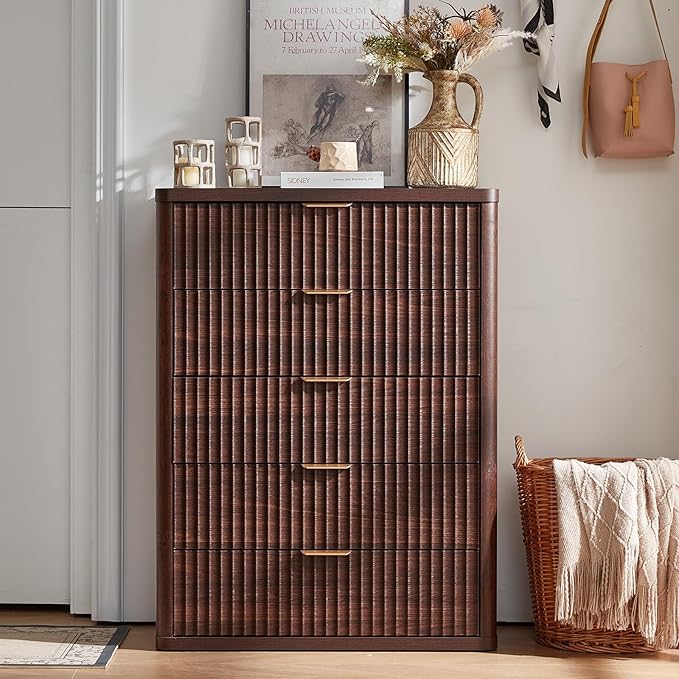 LEYAOYAO Fluted 5 Drawers Dresser for Bedroom, 41" Tall Modern Chest of Drawers with Metal Handle, Curved Profile Farmhouse Closet Organizer Wood Dressers TV Stand for Living Room, Hallway, Walnut