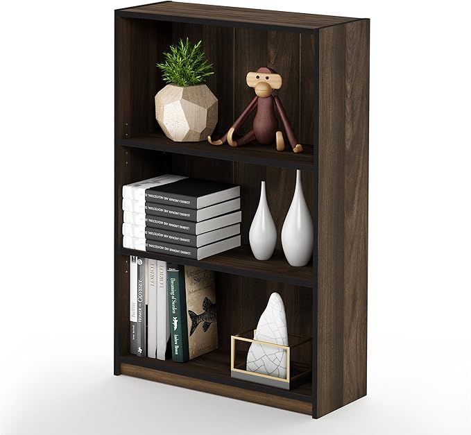Furinno JAYA Book Shelf, 3-Tier Bookshelf, Bookcase with Adjustable Shelves, 9.5 x 24.5 x 40.3, for Organization and Storage, for Living Room, Bedroom, Home Office, Columbia Walnut