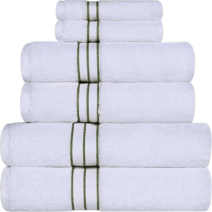 Superior Turkish Cotton Ultra-Plush 6-Piece Towel Set, Ideal for Master Bath, Guest Bathroom, Fast Drying, Shower, Spa, Face/Washcloths, Hand, Bath Towels, Absorbent, Home Basics, Forest Green