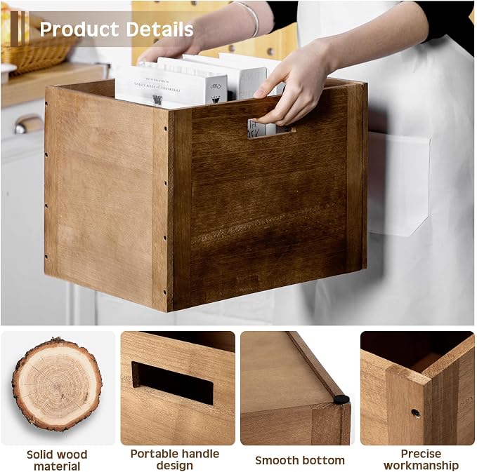 Menkxi 4 Pcs Stackable Wood Storage Cube for Shelves Closet Wooden Bins Box Wood Crates Storage Baskets Container for Toy Books Clothes Home Office, Dark Brown(14 x 10 x 10 Inch)