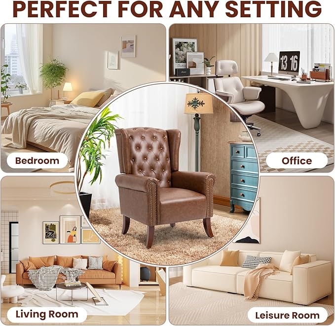 PU Leather Accent Chair Set of 2, Modern Upholstered Living Room Chair Sofa Chair with Wooden Legs, Wingback Armchair Club Chair for Bedroom,Study Room, Lounge (Brown)