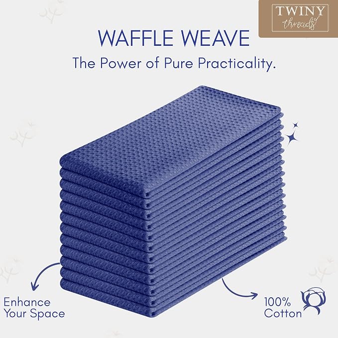 TWINY threads Kitchen Dish Towels Set of 4, 100% Cotton Waffle Weave, Absorbent Dishcloth & Tea Towel with Hanging Loop, Reusable for Table Cleaning, Quick Drying - 16x26 Inches - Indigo Blue