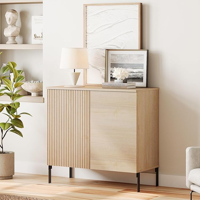 WAMPAT 31.5" Sideboard Buffet Cabinet with 2 Doors and Adjustable Shelves, Fluted Storage Cabinet, Modern Credenza Coffee Bar Wine Bar Table for Kitchen, Dining Room, Living Room,Beige