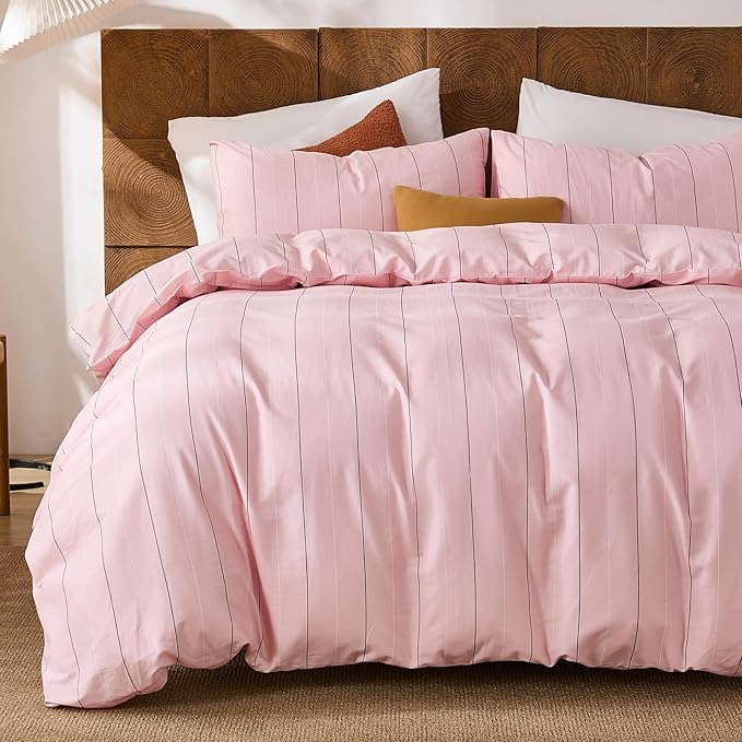 Merryword Pink Striped Duvet Cover Set King Size - 100% Cotton Bedding Set with Wide Zipper & 8 Corner Ties, Soft Breathable Bedding Set Elegant Pastel Comforter Cover for All Seasons