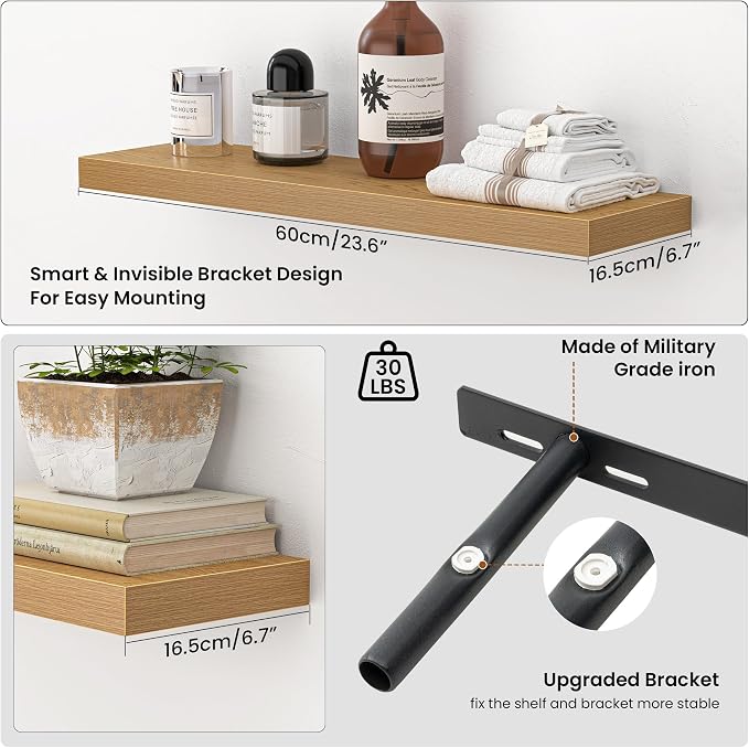 Heimlove 24 Inch Floating Shelves for Wall,Mounted Storage Wood Shelves with Invisible Brackets Hanging Shelf for Bedroom,Living Room,Kitchen,Office,Set of 2,Oak Color