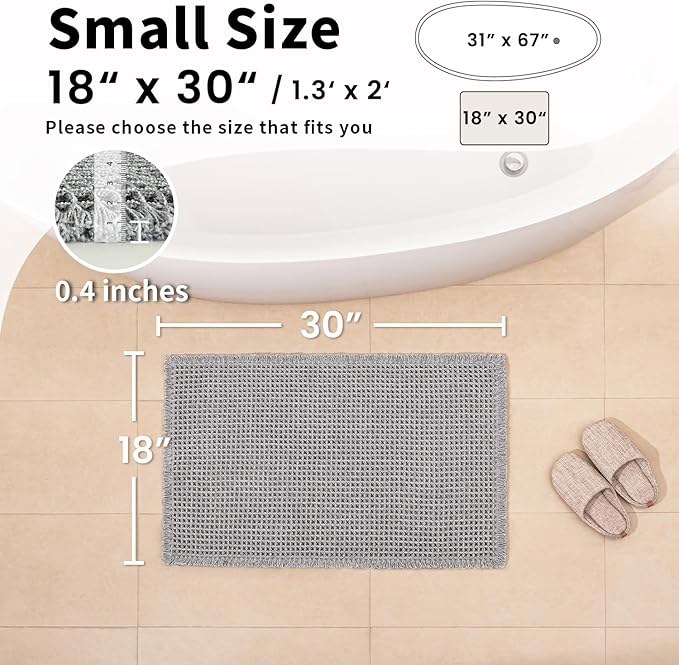 Waffle Bath Mat - Boho Bathroom Rugs Non Slip Washable, Super Absorbent & Quick Dry, Small Bath Mats Farmhouse Bathroom Decor, 18'' x 30'', Light Grey