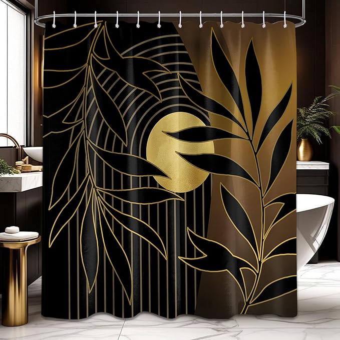 Boho Black and Gold Shower Curtain, Mid Century Modern Shower Curtains for Bathroom, Mens Bath Curtain Set, Waterproof Fabric with Hooks, 70" W x 84" L (Pack of 1)