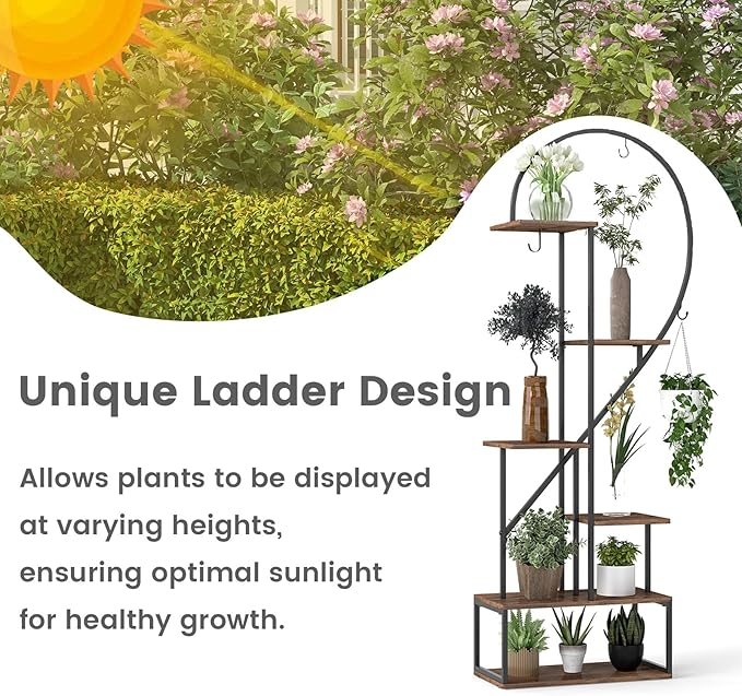 Giantex 6 Tier Tall Plant Stand Indoor, Metal Heart Shaped Plant Shelf for Plants Multiple with 6 Hanging Hooks & 12 Boards, Heavy-duty Metal Frame, Large Ladder Display Rack for Living Room Balcony Patio Art Studio, 2 Pack