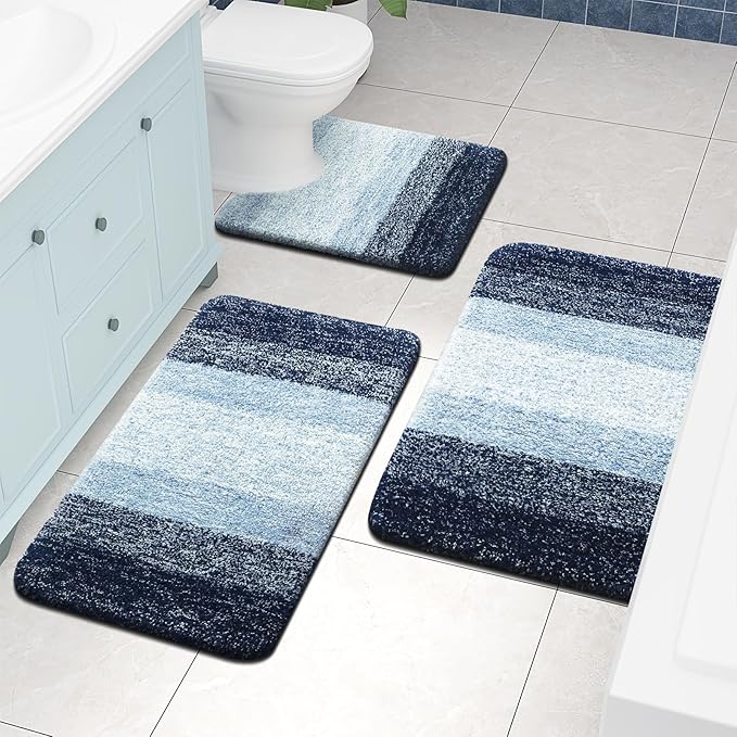 Arotive Microfiber Bathroom Rugs, Shaggy Soft and Absorbent Contour Toilet Rugs, Non-Slip, Thick Plush Machine Washable Dry Bath Mats for Toilet Base, 24x20, Dark Blue, U-Shape
