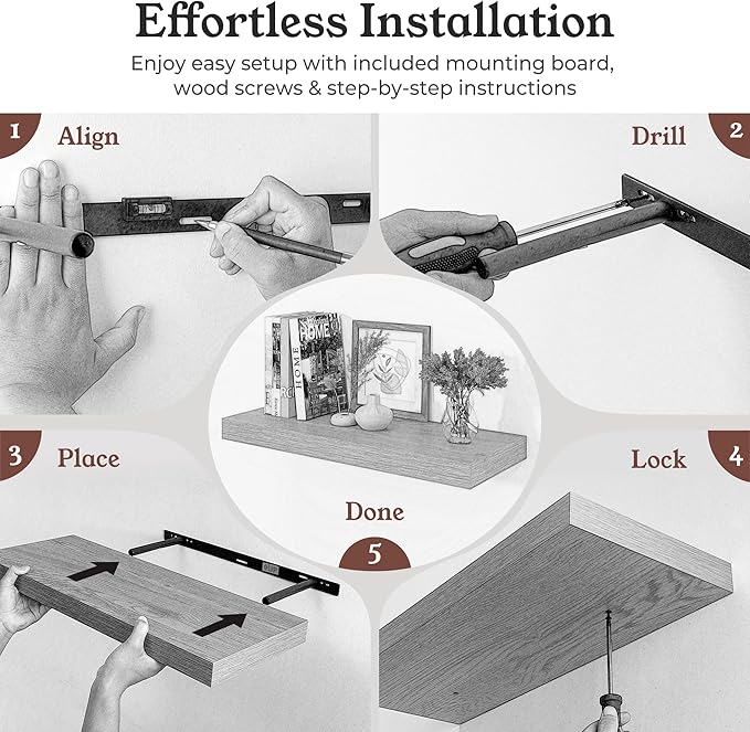 Floating Shelves for Wall, 9.3" Deep Wall Mounted Wood Shelves for Bathroom, Bedroom, Living Room, Kitchen, Hanging Shelf for Books/Storage/Room Decor (Walnut, 24")