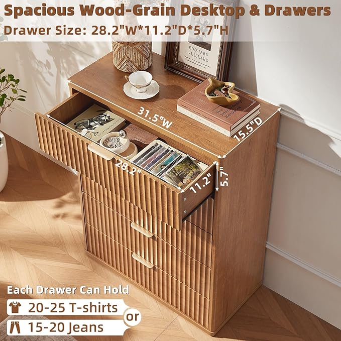 LEYAOYAO Fluted 5 Drawers Dresser Set of 2, 41" Tall Modern Chest of Drawers with Metal Handle, Curved Profile Dresser TV Stand, Wooden Drawer Organizer for Bedroom, Living Room, Hallway, Brown
