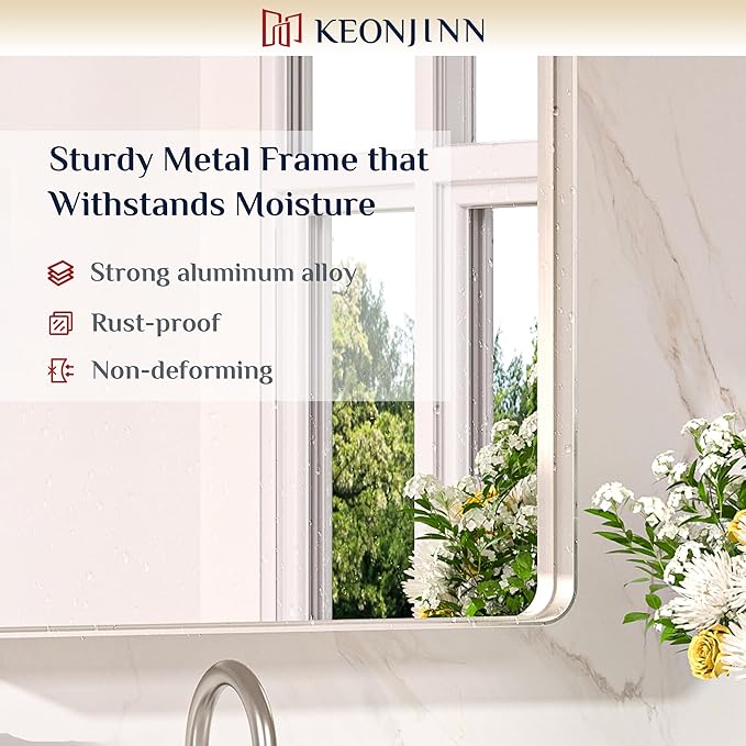 Keonjinn 48 x 30 Brushed Nickel Bathroom Mirrors for Over Sink, Large Rounded Rectangle Bathroom Vanity Mirror, Modern Decorative Silver Mirror, HD Tempered Glass Wall Mirror(Horizontal/Vertical)
