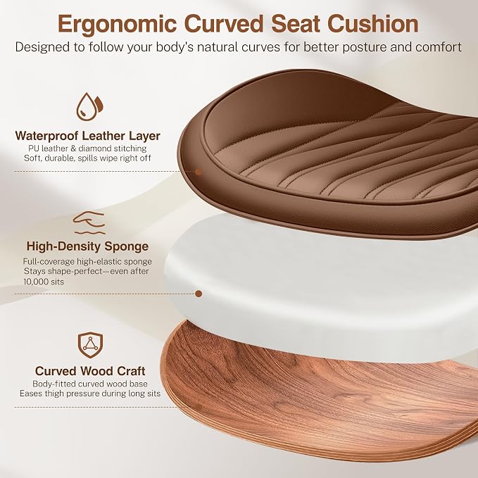 Ergonomic Armless Office Desk Chair - Mid-Century Modern Brown Faux Leather with Diamond Stitch, Adjustable Height Swivel Rolling Task Computer Chair with Walnut Accent for Home Office, Study & Work