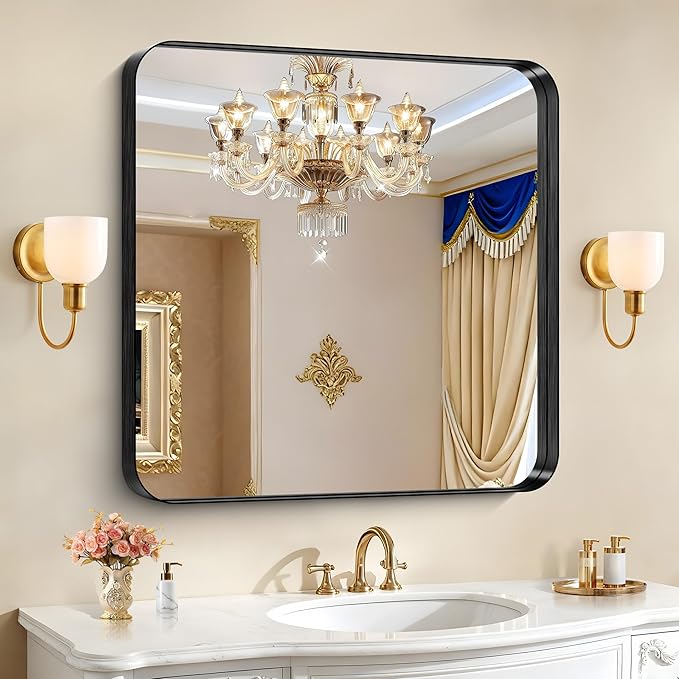 CIRCUMI Black Bathroom Mirror, 36"x36" Rectangular Mirror with Deep Metal Frame, Rounded Corner, Tempered Glass, Mirror for Wall, Oversink, Bedroom, Installed Vertically/Horizontally, Crystal-Clear