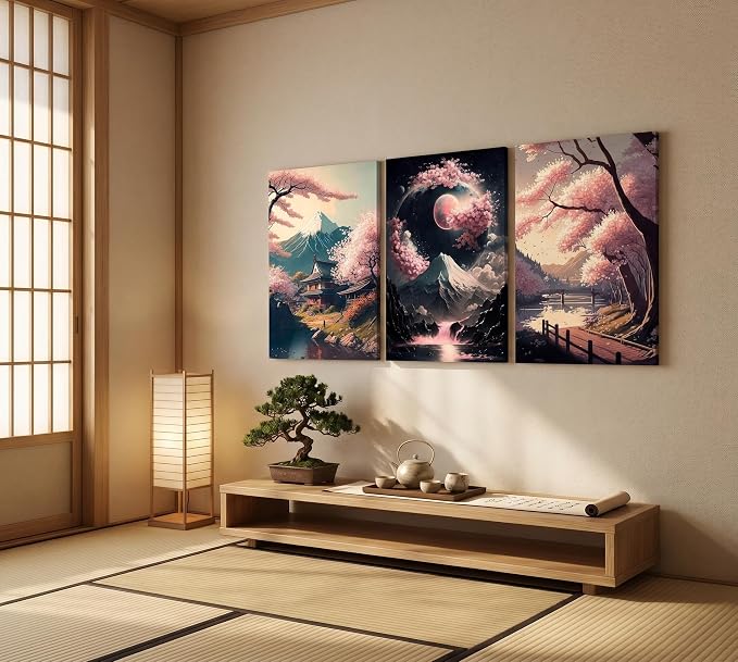 3Pcs Japanese Canvas Wall Art Cherry Blossom Lake Landscape Wall Decor Pictures Japan Mount Fuji Art Posters Prints for Living Room Bedroom Home Decoration Ready to hang