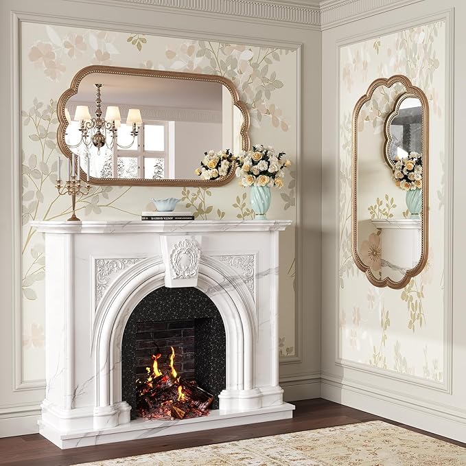 Scalloped Mirror, 20" x 36" Gold Oval Wall Mirror Beaded Frame Decorative, Antique Brass Mirrors Wooden for Over Sink, Bathroom, Bedroom, Living Room, Fireplace, Entryway