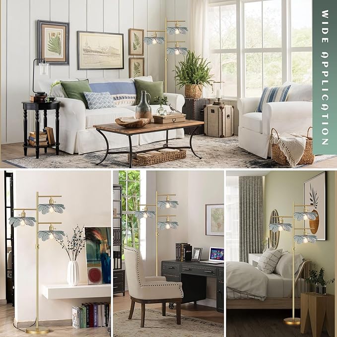 Dimmable Floor Lamp Farmhouse Floor Lamps for Living Room, Antique Brass Tree Lamp Standing Lamp Tall Lamps with Dark Green Glass Shade, Gold Flower Floor Light for Bedroom Corner Study Office