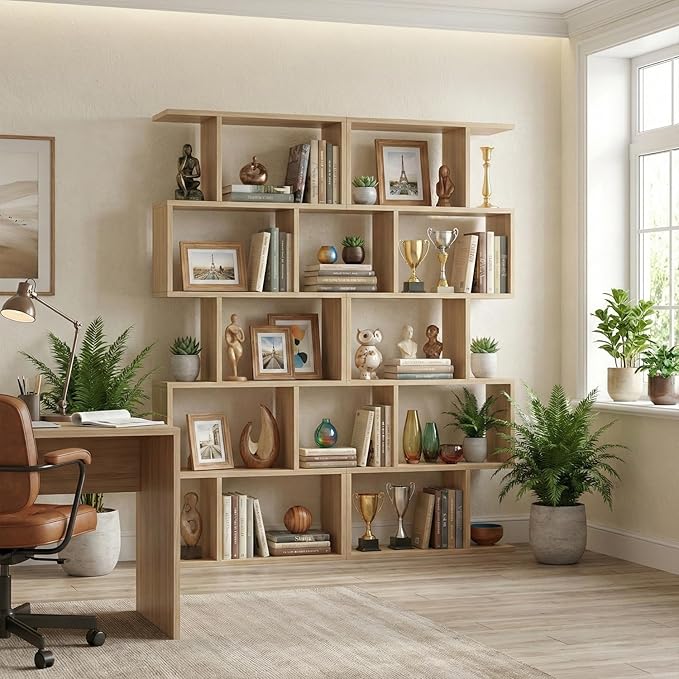 5-Tier Geometric Bookcase (Set of 2), 62.6" Tall S-Shaped Bookshelf & Room Divider, Modern Oak Freestanding Display Shelving Unit for Living Room, Hallway, Home Office