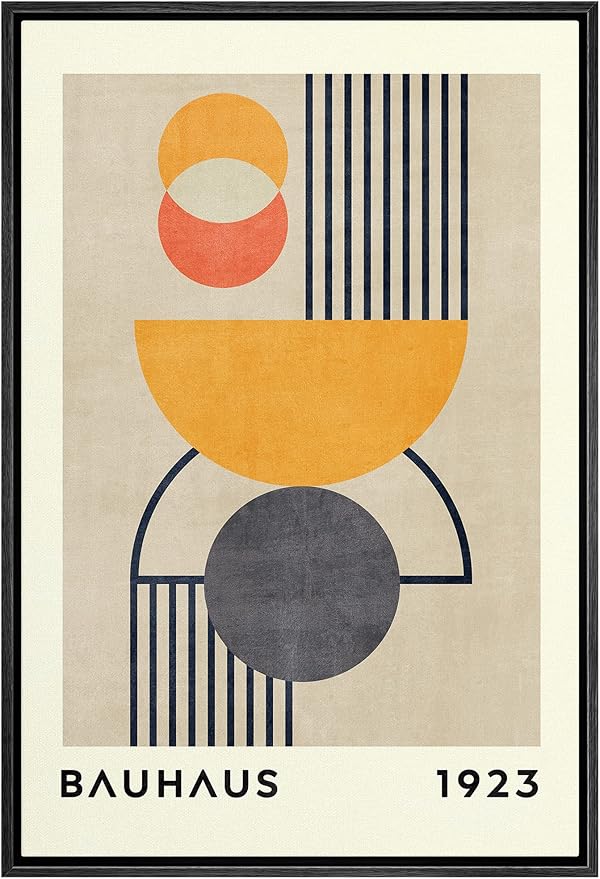 MUDECOR Framed Canvas Print Wall Art Bauhaus Orange Geometric Polygon Landscape Abstract Shapes Illustrations Fine Art Mid-Century Modern Multicolor for Living Room, Bedroom, Office - 16"x24" Black
