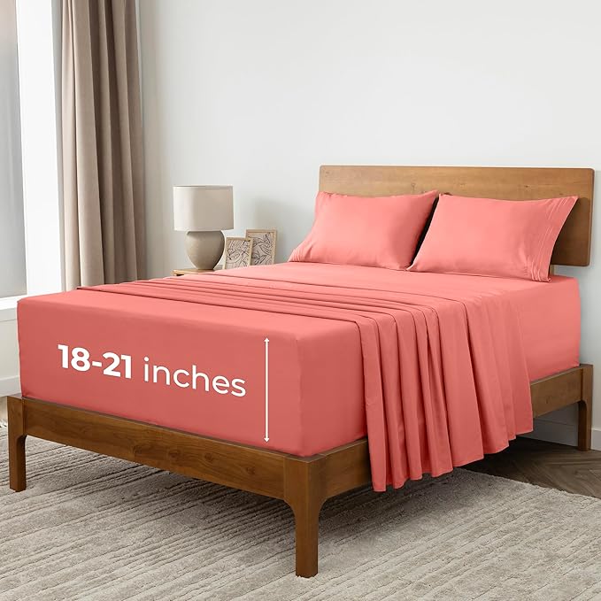 Mellanni Extra Deep California King Sheets - 4 PC Iconic Collection Bedding - Hotel Luxury, Ultra Soft, Cooling Bed Sheets - Wrinkle, Fade, Stain Resistant (Cal King, Coral)