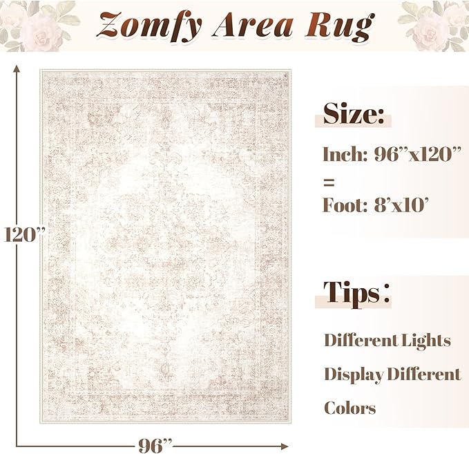Area Rug 8x10 Vintage Rug: Large Washable Indoor Medallion Rugs Low Pile Distressed Floor Carpet Retro Accent Rug for Living Room Bedroom Kitchen Dining Table Home Office(Retro Beige, 8'x10')