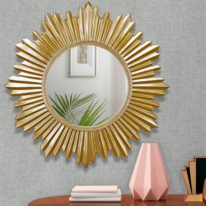 Armanda Collection Sunburst Round Wall Mirror Handmade Resin Frame Decorative Home Accent (Gold)