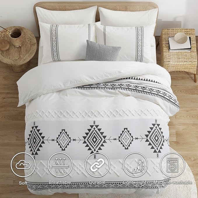 Oli Anderson Boho Duvet Cover Set King Size, Black and White Color Clash 3 PCS Microfiber Bedding Set, Durable and Super Soft Duvet Covers with Zipper and Ties, 104"*90"