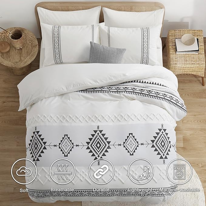 Oli Anderson Boho Duvet Cover Set Queen Size, Black and White Color Clash 3 PCS Microfiber Bedding Set, Durable and Super Soft Duvet Covers with Zipper and Ties, 90"*90"