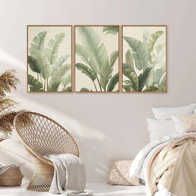 Rantodecor Sage Green Framed Canvas Wall Art, Minimalist Tropical Leaf Wall Decor, Boho Beige Nature Leaf Art Paintings, Bohemian Triple Panel Plant Artwork for Bedroom Living Room Office 16"x24"x3