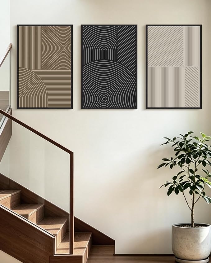 KUVIOKE Minimalist Abstract Boho Framed Wall Art Modern Mid-Century Bohemain Neutral Line Wall Decor Geometric Artwork Bedroom Decor 16x24in (Black Framed)