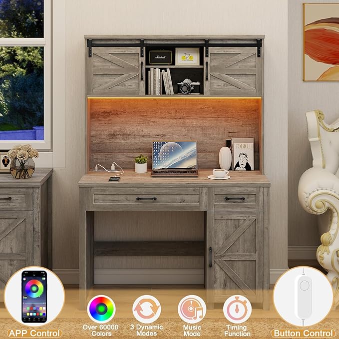 Vabches Farmhouse 47" Executive Desk, Computer Desk with 2 Drawers, LED Light and Storage Cabinet, Home Office Desk with Hutch, Charging Hub, Workstation for Home Office and Study(Grey