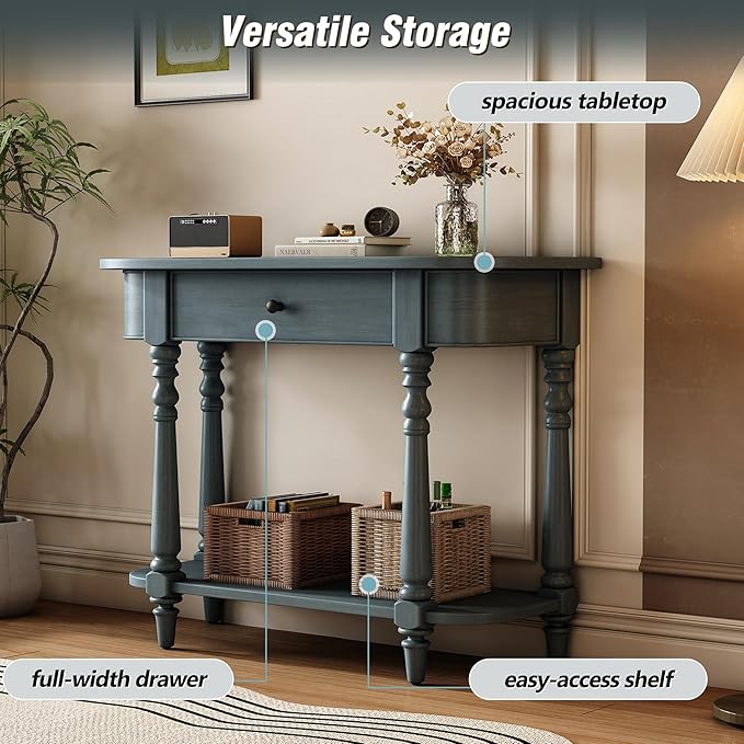 Retro Curved Console Table, 36" Solid Wood Half Moon Console Table Sofa Table Entryway Table with 1 Drawer 1 Open Shelf Roman Legs Curved Corners for Living Room,Entryway,Hallway,Navy