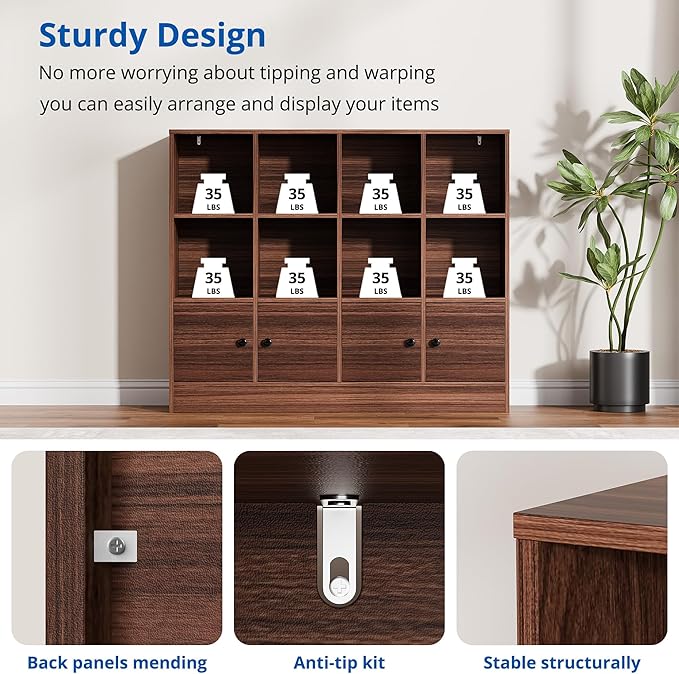 Cozy Castle Brown Wood Bookcase, 12 Cube Display Shelf with 4 Doors, 3 Tier Open Bookshelf with Adjustable Shelves for Living Room, Home Office, Entryway
