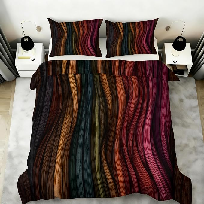 Modern Abstract Wavy Stripe Dark Duvet Cover Queen Size, Boho Colorful Stripe Bedding Set 3 Piece, Ethnic Geometric Patterned Comforter Cover with Zipper Soft Microfiber, 2 Pillowcases