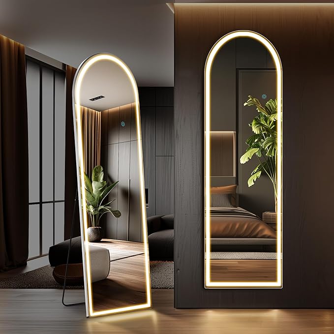 OLIXIS 16"x 60" Arched LED Full Length Mirror with Lights, Standing Lighted Floor Full Body Mirror with 3 Color Lighting, Wall Mounted Mirrors for Bedroom, Bathroom, Entryway with Tempered Glass