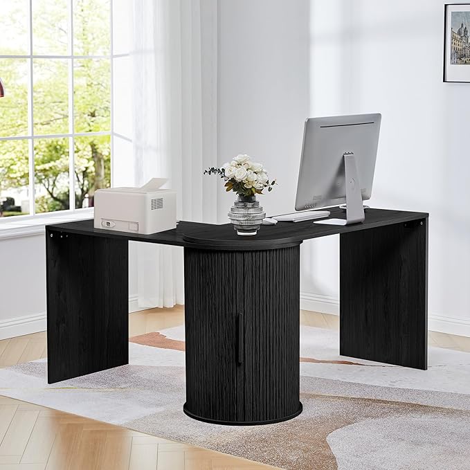 Fluted Computer PC Desk Table with Storage, Black Corner L Shaped Desk with Storage for Small Space, Modern Home Office Desk for Bedroom, for Writing, Executive, Study, Work - Black