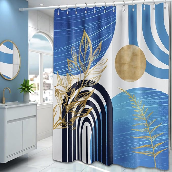 Light Blue and Black Shower Curtain Boho Mid Century Sky Blue and White Shower Curtains for Bathroom Decor, Waterproof Cloth Fabric with Hooks, 70" W x 72" L