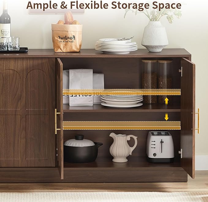 66.5" Sideboard Buffet Cabinet with Storage, Modern Credenza with Arched Doors, Large Wood Accent Cabinet for Living Room Entryway (Walnut)