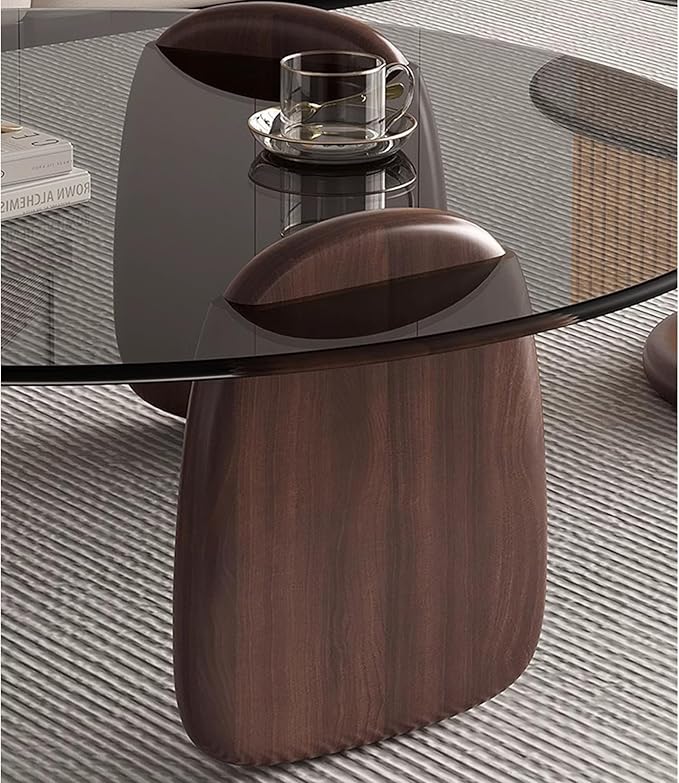 EASYSOUL Modern Round Coffee Table with Glass Top, 27.56" D x 27.56" W x 14.69" H, Circular Tea Tables for Living Room Home Office Industrial Cocktail Tables (Walunt-Grey Glass/27.56")