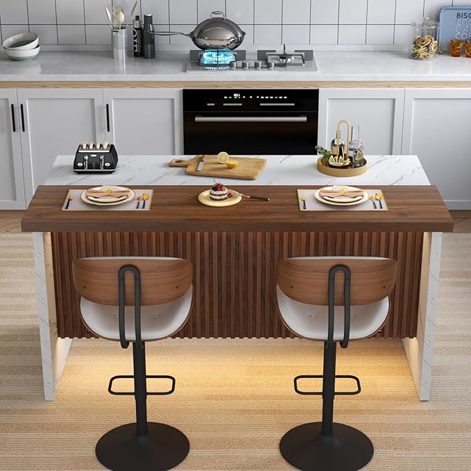 63" Large Imitation Marble Bar Table,Island Table with LED Lights,Mordern Marble Stripes Dining Table with Grille Design for Home Kitchen, Living Room, Balcony, Basement(White)