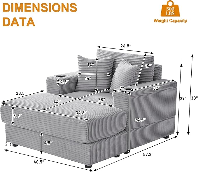Oversized Chaise Lounge Chair Indoor with Adjustable Backrest, USB, Cup Holder & Ottoman, Firm Solid Wood Frame with Long Service Life Corduroy Oversized Lounge Reading Chair for Study Room - Grey
