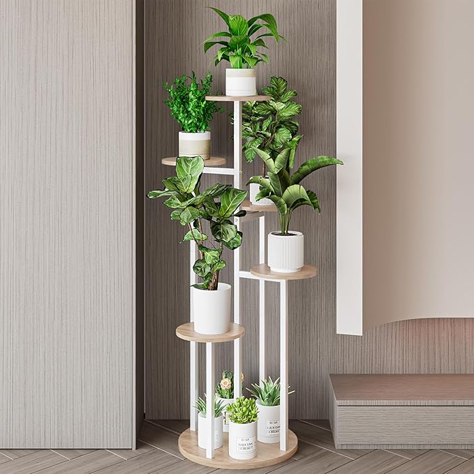 INGIORDAR Plant Stand Indoor Outdoor Corner Plant Shelf for Multiple Flower Pots Flower Stand Holder for Patio Garden Balcony Living Room (White+Sonoma Oak, 6 Tier)