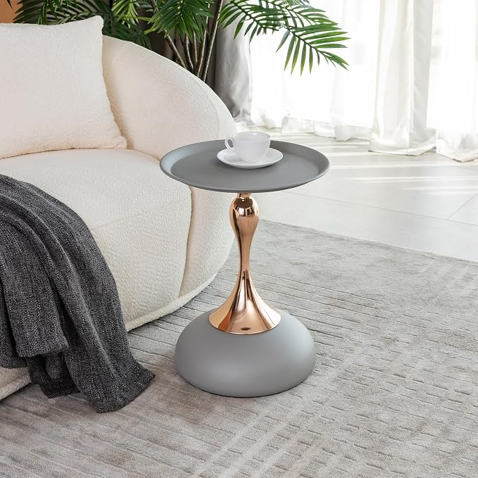 Mermaid Tail End Coffee Round Side Table, Modern Metal Pedestal, Minimalist Accent for Small Spaces, Drink Martini Decoration for Living Room (Matte Gray)