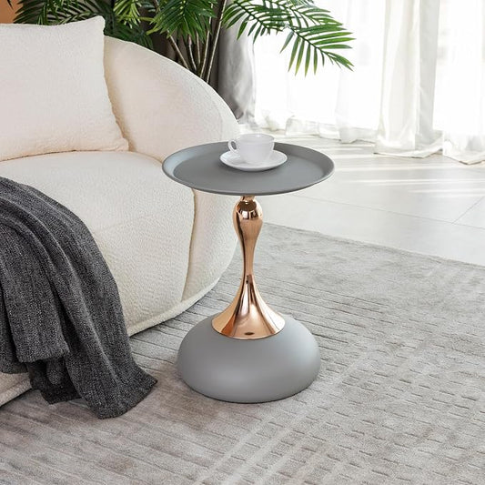Mermaid Tail End Coffee Round Side Table, Modern Metal Pedestal, Minimalist Accent for Small Spaces, Drink Martini Decoration for Living Room (Matte Gray)