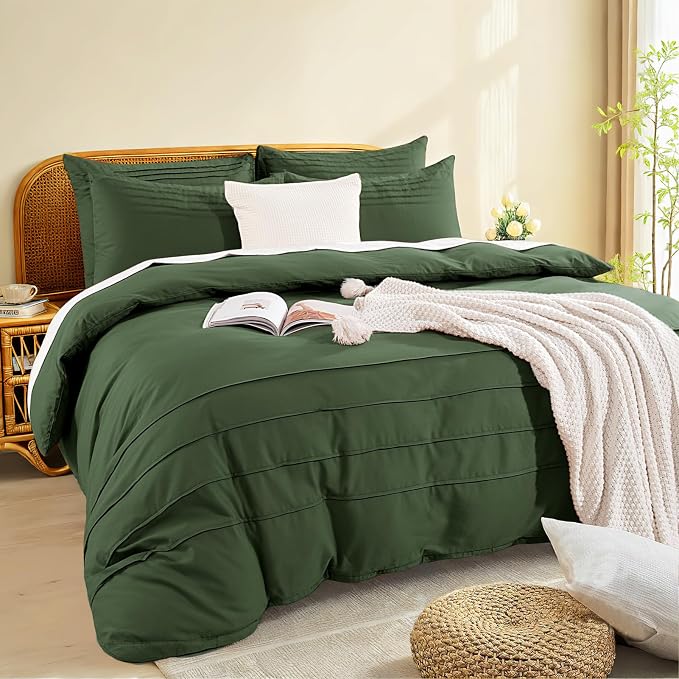 NEXHOME PRO 100% Washed Cotton Duvet Cover Twin,Linen Like Pleated Textured Olive Green Duvet Cover Set,2pc Organic Bedding Set with Zipper Closure,Soft,Lightweight Breathable(68"x90",No Comforter)