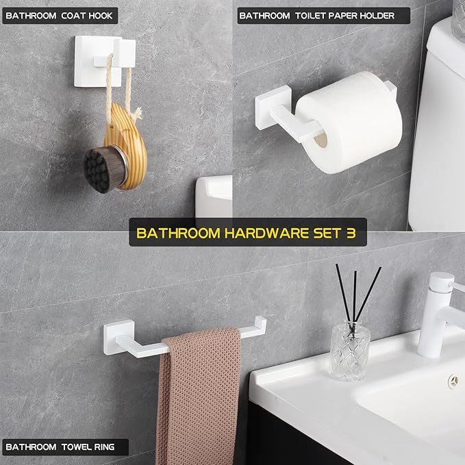 GERZWY Bathroom 3-Pieces Hardware Sets Stainless Steel - Toilet Paper Holder Towel Ring Coat Hook, White