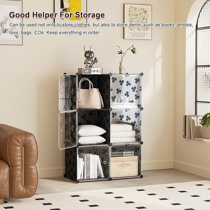 C&AHOME Cube Storage Organizer with Doors, 6-Cube Shelves, DIY Plastic Modular Bookshelf, Closet Clothes Storage Shelving Ideal for Bedroom, Living Room, Clover Embossed, Black