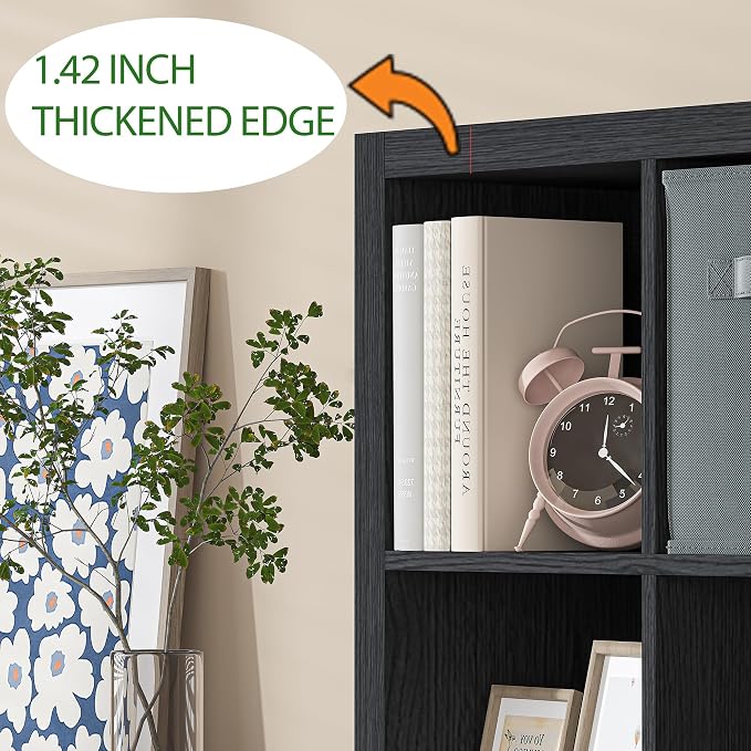 furtble Bookshelf with Storage Bin, 6-Cube Storage Organizer, Modern Wood Open Bookcase, Multifunctional Display Shelf for Living Room, Bedroom, Home Office, Black