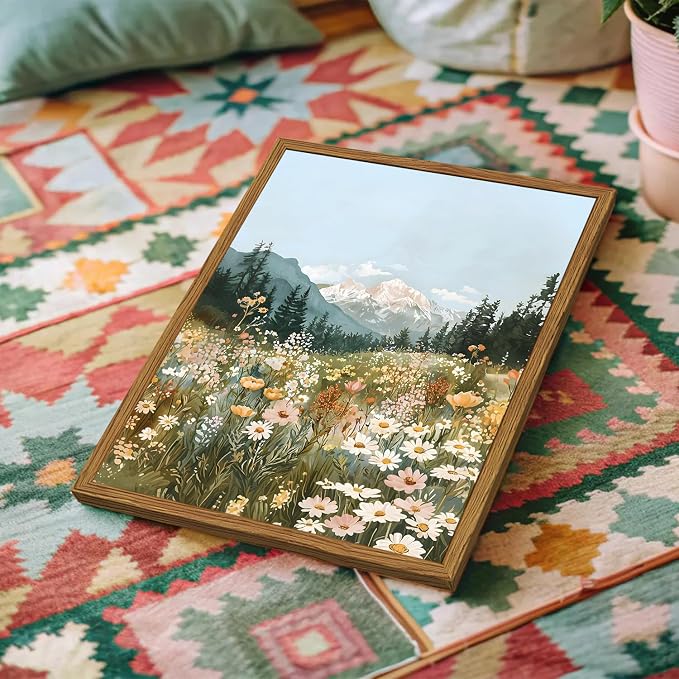 Framed Boho Landscape Wall Art, Colorful Floral Mountain Pictures Wall Decor, Vintage Wildflower Nature Paintings Canvas Prints Rustic Home Decor for Living Room Bedroom Office 16x24 inch