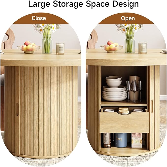 47 inch Round Dining Table for 4, Circle Kitchen Table with 2-Layer Storage Shelf and a Drawer, Modern Farmhouse Dinner Tables with Sliding Door and Wood Strip Base for Kitchen, Living Room (Oak)